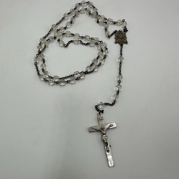 Vintage Jewelry - Vintage Diroma Sterling Silver Rosary Necklace Clear Glass Beads Crucifix
